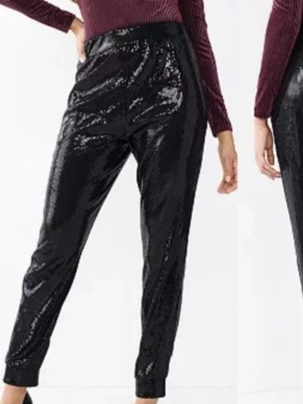 Nine West Cara Santana Black Sequin High Rise Pants Jogger Size S